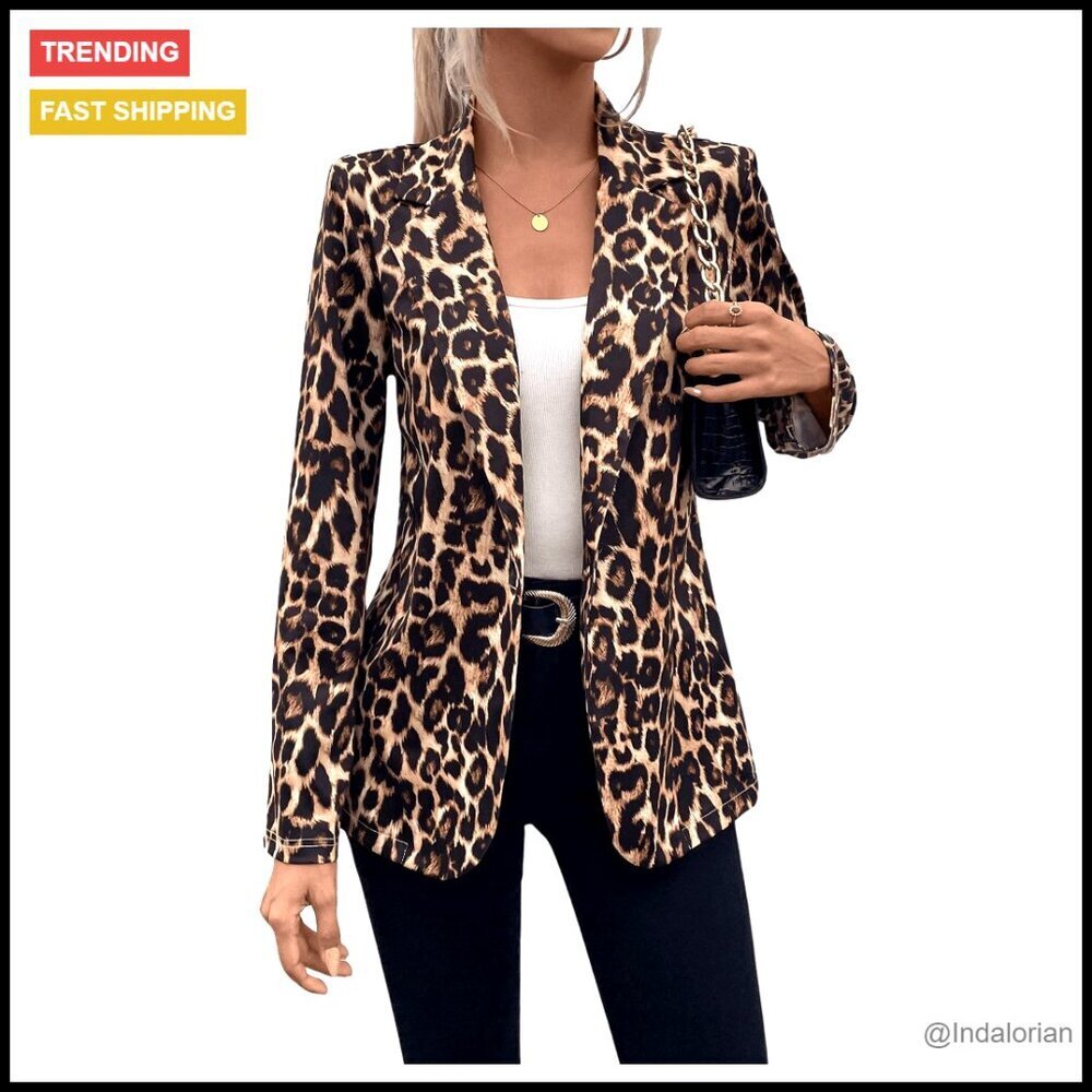Leopard Print Blazer Jacket Long Sleeve Lapel Collar Work Office Chic